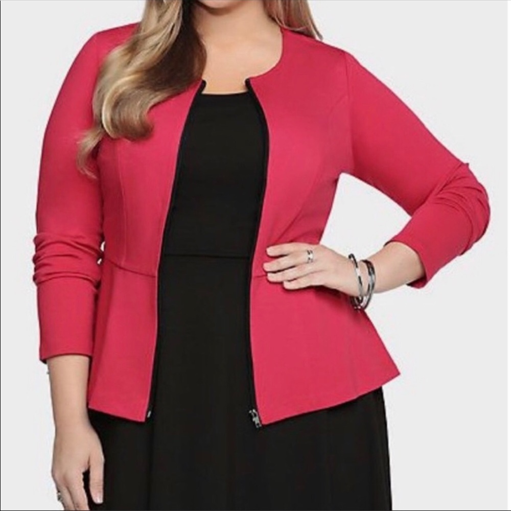 Torrid Red Collarless Ponte Peplum Jacket
